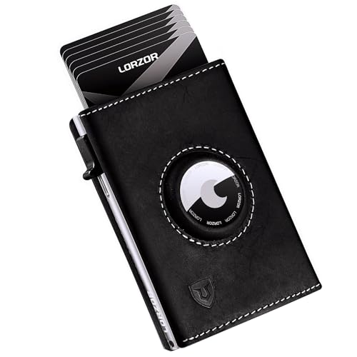 LORZOR AirTag Wallet - Full Grain Leather, Mens Minimalist Wallet with Apple Air Tag Holder, Slim Smart Pop up Card Case, ID Window, RFID Blocking, Front Pocket (AirTag Not Included)