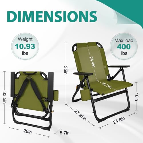 Image of Romswi Heavy Duty Folding Beach Chair with 30mm Aluminum Frame,16 inch High Seat, Lightweight for Beach, Patio & Backyard, Green