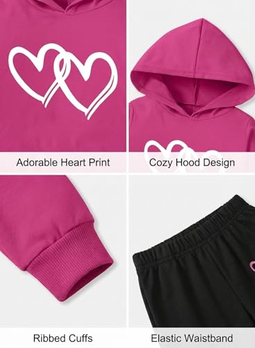 Image of Cute Girls Heart Print Sweatsuit - Casual Valentines Kids Clothes Long Hooded Sweatshirt Pants Fall Winter Outfits