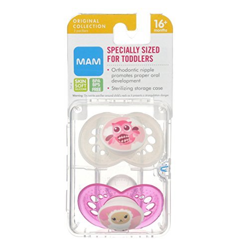 MAM Original Baby Pacifier, Nipple Shape Helps Promote Healthy Oral Development, Sterilizer Case, Animal/Girl, 16+ (Pack of 2) image_1