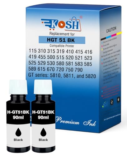 Image of KOSH Refill Ink Bottle Compatible for HP Deskjet 5810,5811,5820,5821,5822, Inktank Wireless 310,315,316,319,410,415,416,419,Smart Tank 115,500,510,515,516,720,750,790 Printers (2, GT51 90MLx 2)