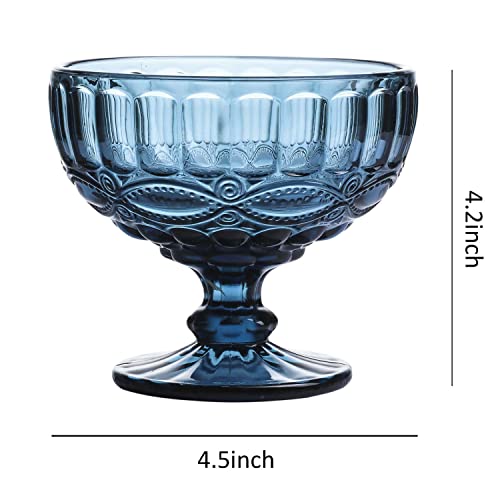 Whole Housewares 12 Ounce Glass Ice Cream Bowls - Vintage Pressed Pattern Glass Dessert Bowls - Trifle/Fruit/Salad/Sunday Small Ice Cream Bowl, Solid Glass Color, Set Of 4 (Blue) #TOP3