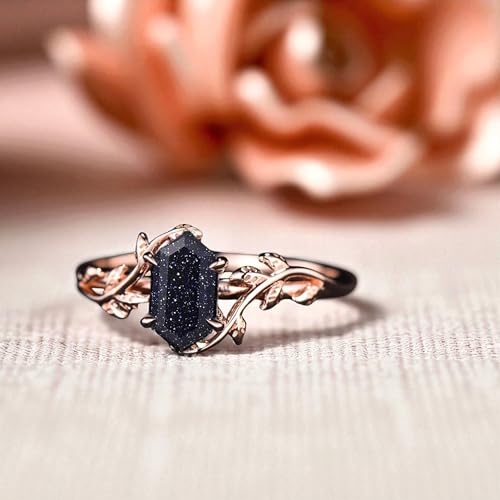 Blue Sandstone Ring – 14K Rose Gold Vintage Leaf Ring – Hexagon Cut Galaxy Stone Band – Handmade Fantasy Engagement Gift for Women2
