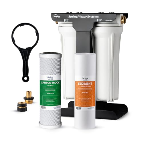 Image of iSpring 2-Stage RV Water Filter System, Removes up to 99% Contaminants, Including Chlorine, Sediment, Sand, Dirt, Odor, and Color, Leak-Free Brass Fittings, External Mounting Bracket, Model: CW21