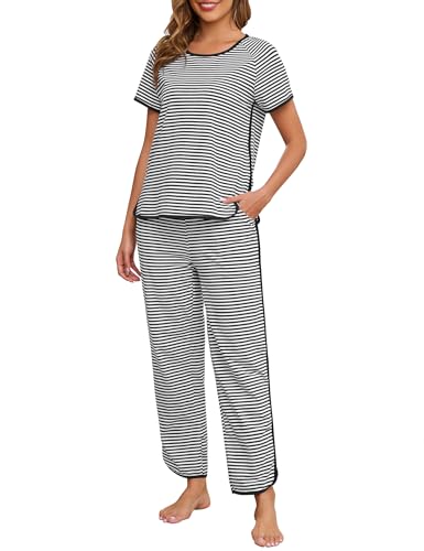 Image of Womens Pajama Sets Cotton 2 Piece Lounge Set Stripe Short Sleeve Pj Set Comfy Loungewear Sleepwear with Pockets