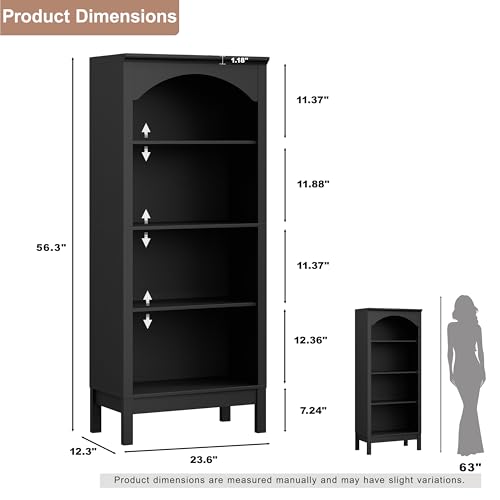 Image of 56 inch H Tall Bookshelf and Bookcase, Arched Book Shelf with 4-Tier Open Shelves, Wooden Storage Bookcase Freestanding Display Bookshelves for Bedroom, Living Room, Black