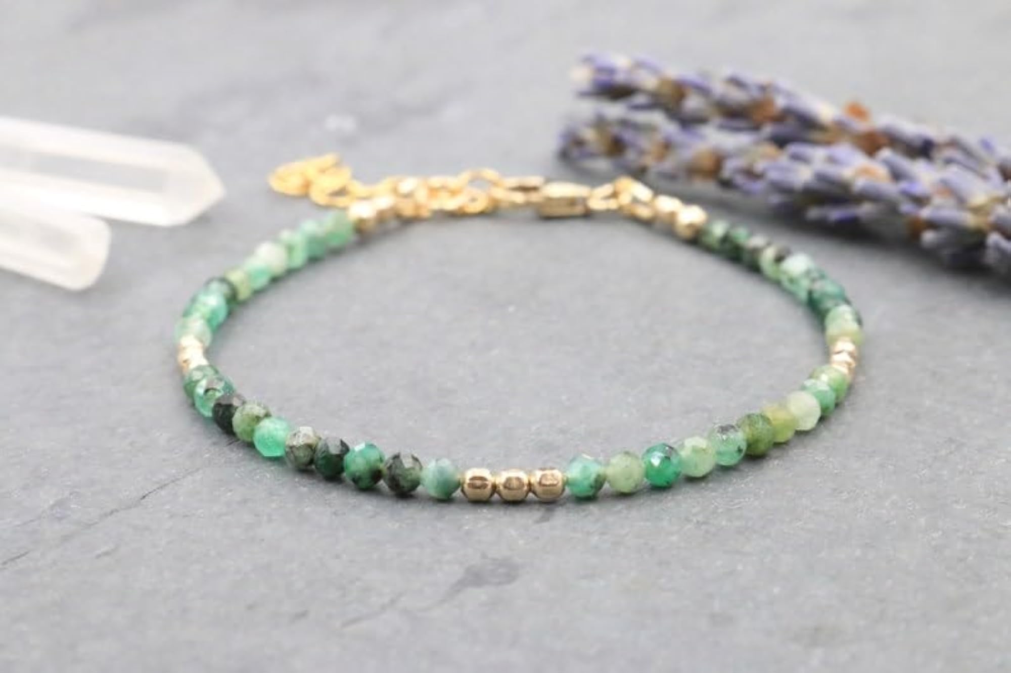 Emerald Round Beaded Bracelet, Adjustable Link with Gold Lock