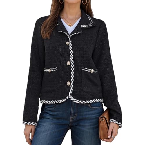 Women's Contrast Trim Coat Jewel Buttons Shirt Collar Long Sleeve Cardigan Stitch Jacket Tweed Jacket with Pocket