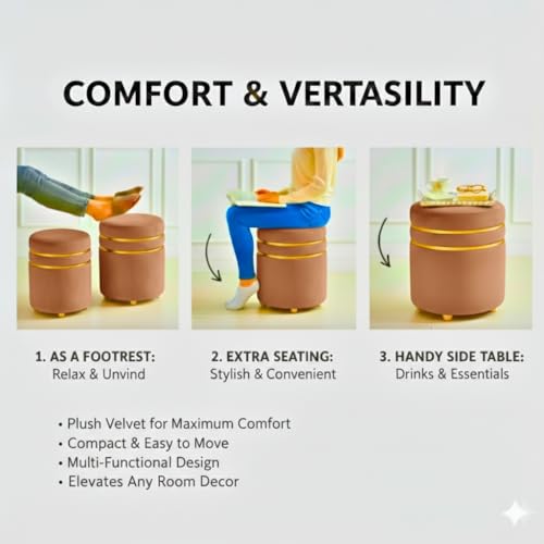 Image of Decorative Ottoman Pouffes for Sitting - Two-Piece Set of Puffy Stools and Footstools - Round Ottoman Stool for Living Room Furniture (Brown)