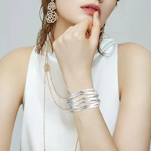 4 Pcs Chunky Gold Bracelets for Women, Adjustable Open Wide Gold Bangles Set, Chunky Bracelets for Women, Punk Style Stackable Gold Arm Cuff Jewelry for Layered Look (Gold, Silver)3