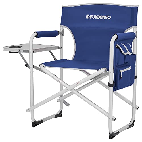 FUNDANGO Camping Plegable Grande directores Fuerte y Resistente aleación de Aluminio con Bolsillo Lateral de Mesa, Asiento Acolchado Silla de Campamento, Azul, Suelto Cover