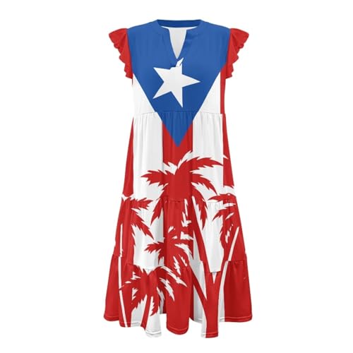 Image of Women's Casual Ruffle Sleeve Dress V Neck Pullover Dress Flowy A-Line Pleated Lightweight Dress with Pockets