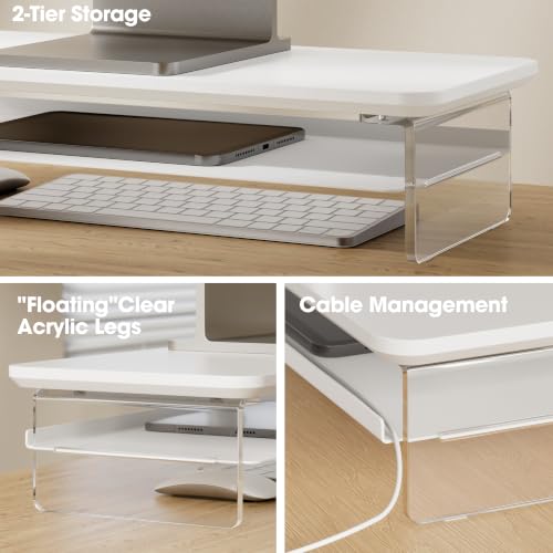 Image of Fenge 23.6 inch Dual Monitor Stand with Clear Acrylic Legs, White | Clear Acrylic, Storage Compartment, 2-tier Home Office Monitor Riser, Desktop Shelf Fit Monitor /Laptop /Printer
