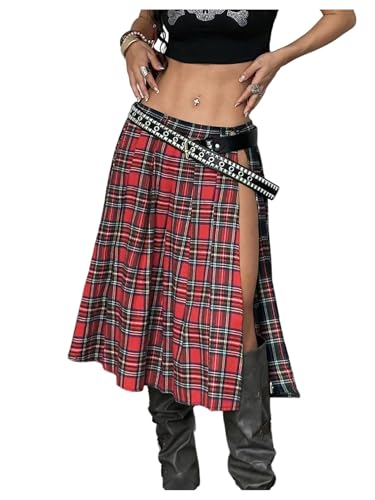 Verdusa Women's Plaid Skirt Split Thigh A Line Color Block Pleated Midi Skirts