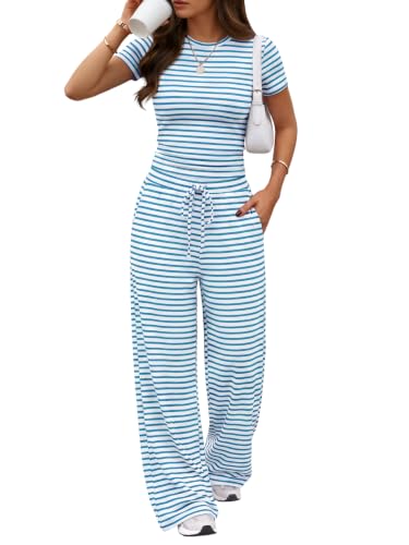 Image of Trendy Queen 2 Piece Matching Summer Lounge Set Womens Side Ruching Top Wide Leg Pants Sets with Pockets