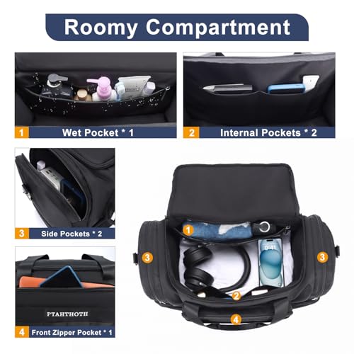 Large 42L Carry On Duffle Bag for Travel & Gym - TSA Approved Airplane Personal Item with Shoe Compartment & Wet Pocket, Water-Resistant Weekender Overnight Bag for Men Women (Black)4