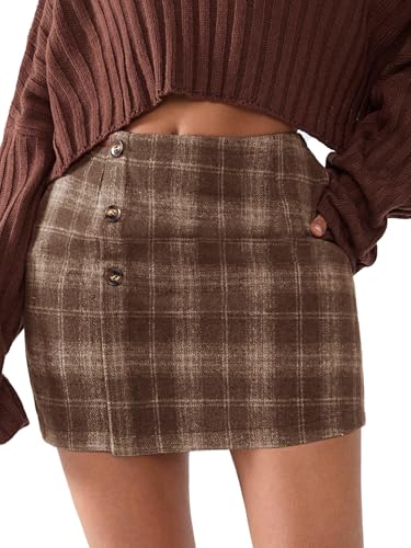 EXLURA Womens Faux Wool Plaid Mini Skirts Fall Winter Bodycon Skirt Pockets - image 8