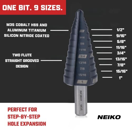 Image of NEIKO 10622B Step Drill Bit, 9 Steps 1 /2 inch to 1 inch Straight M35 Cobalt, AlTiSiN Coated, 3 /8 inch Tri-Flat Step Bits for Steel, Metal, Wood, Plastic, Unibit Cone Drill Bits, Two Flute