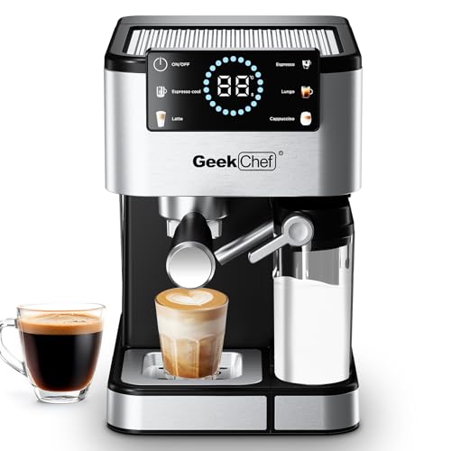 Geek Chef Espresso Machine with Automatic Milk Frother, 20 Bar Coffee & Espresso Maker, Cappuccino/Latte/Iced Coffee Machine, TouchScreen, ESE POD, Instant Heating for Home Barista Black- Au