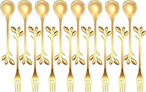 16 Pièces de Cuillère à café en Feuille d'acier Inoxydable, Uillère à Café Feuille, Mini Cuillère Café, Petites Cuillères à Dessert pour Fruits, le lait, le Gâteau, les Cuillères à Café (Or) Cover