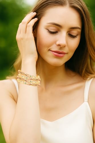 Touchstone Golden Bangle Collection Indian Bollywood Desire Beautifully Carved Conch Shell Inspired Thick Designer Jewelry Bangle Bracelets. Set of 4. in Gold Tone for Women4