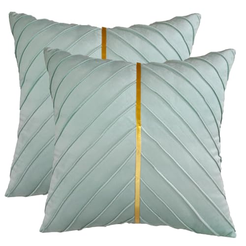 Image of Velvet Throw Pillow Covers 22x22 Pack of 2 Gold Decor Mint Green