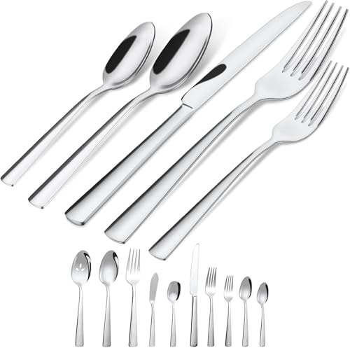 45-Piece Flatware Sets, Silverware Set for 8, Durable Stainless Steel Tableware in Ergonomic Design Size and Weight, Kitchen Utensils Set with Steak Knives, Rust-proof, Dishwasher Safe