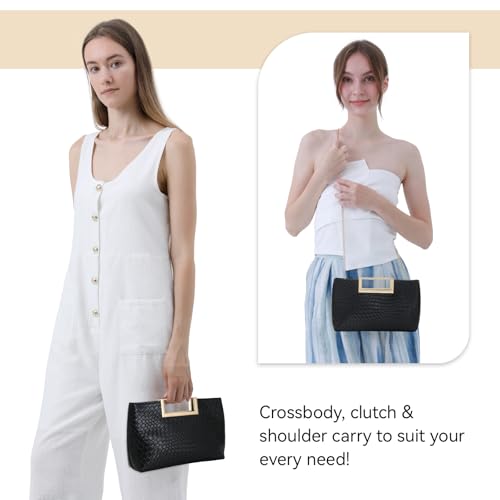 Image of Women's Straw Raffia Clutch Purse, Top Handle Woven Handbag with Crossbody Strap, Summer Beach Shoulder Bag