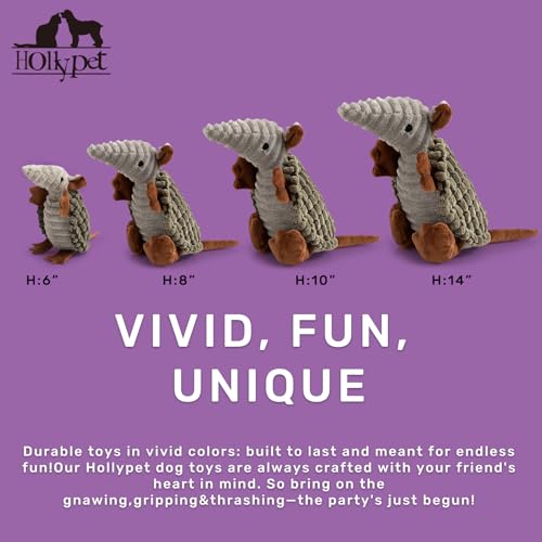 Image of Hollypet Plush Dog Squeaky Toy Stuffed Armadillo Animal Pet Puppy Chew Toys with Clean Teeth for Small Medium Large All Breed Sizes Dogs, Olive Drab, 8 in