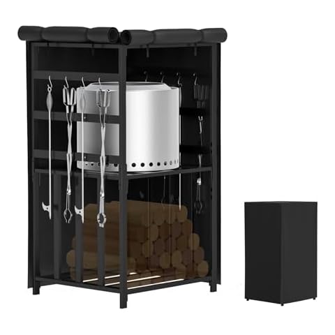 KEESHA Fire Pit Stand with Waterproof Cover and Adjustable Shelf, Storage Station 4.5ft for Solo Stove Yukon, Bonfire, Ranger and other Fire Pit Stove 53.6 x 30 x 26'' Cover