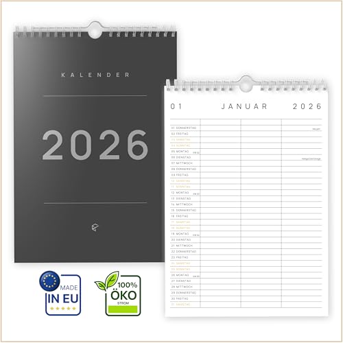 UNITURE DIN A4 Familienplaner 2026 (15 Monate bis Dez 2026) | 3 Spalten | Oktober Start | nachhaltig & schmierfrei