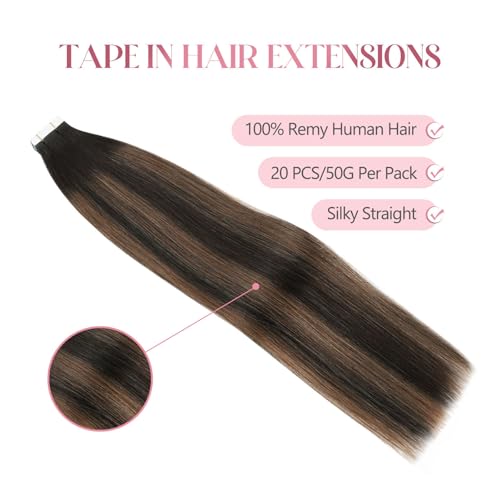 Image of Sixstarhair Brown Tape In Hair Extensions Human Hair Chocolate Brown Highlighted Caramel Blonde Tape In Extensions Brown Balayage Tape Hair Extensions Human Hair 50g 20pcs [P2 /6 /2 20inch]