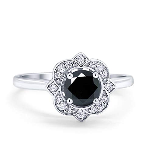 Blue Apple Co. Simulated Black Cubic Zirconia Size-6 Halo Floral Art Deco Vintage Style Wedding Engagement Ring Round Simulated Cubic Zirconia 925 Sterling Silver