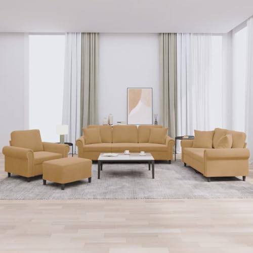 vidaXL Sofagarnitur 4-TLG., Sessel Couch mit Kissen Fußhocker, Sofa Wohnzimmersofa mit Armlehnen, Couchgarnitur Designsofa Sitzmöbel Polstermöbel, Braun Samt – Bild 3