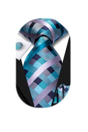 Image of Dubulle Mens Paisley Floral Silk Tie for Men Blue Teal Striped Necktie and Pocket Square Cufflinks Set Wedding Business