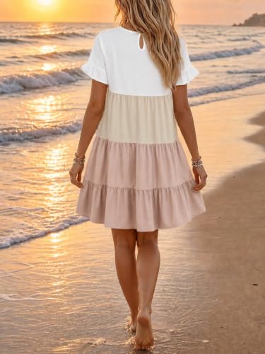 Image of Imysty Womens Boho Floral Ruffle Sleeve Babydoll Loose Flowy Casual Summer Pleated Mini Dress