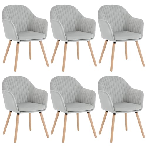 WOLTU 6X Sillas de Comedor Nordicas Estilo Vintage Juego de 6, Sillas de Cocina Sillas Tapizada con Reposabrazos en Terciopelo, Estructura de Madera Sillas de Escritorio Gris Claro BH95hgr-6