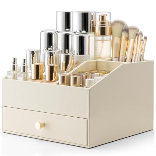 Vlando Makeup Organiser, Faux Leather Cosmetic Organiser with Drawer, Dressing Table Organiser for Lipstick, Jewellery & Skincare Storage, Cream White