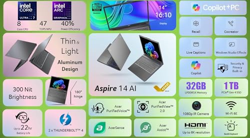 Image of acer Aspire 14 inch AI Copilot+ PC WUXGA Touchscreen Laptop, Intel 8-Core Ultra 7 258V(>Ultra 9 185H), Intel ARC 140V, 32GB LPDDR5X, 2TB SSD, Wi-Fi 6E, FHD Webcam, W /128GB PSD&Stylus, Win11 Home