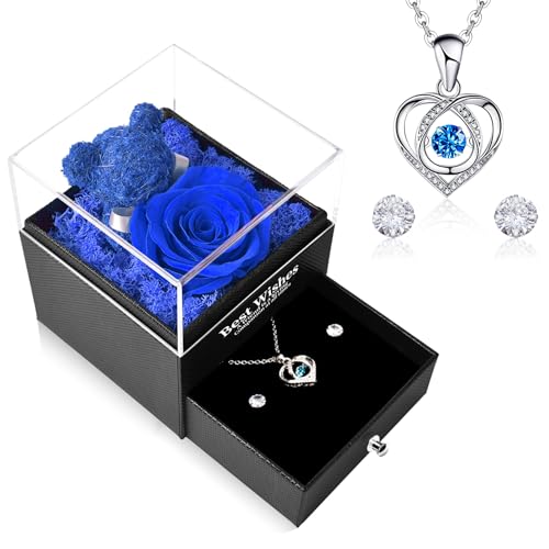 CSYY Rosa Eterna, Caja de Regalo de Rosa Real Natural Preservada con Collar de Corazón y Aretes de Botón Regalo Mujer Novia Madre Aniversario San Valentin Dia de la Madre Navidad Azul