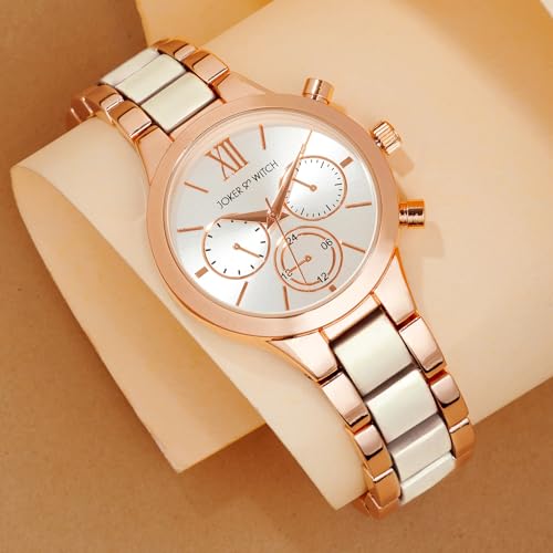 Image of Joker & Witch Clara Royale White and Rose Gold Dual-Tone Watch with a Classic Silver Dial for Women