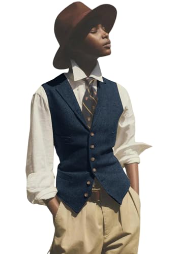 Women's Button Herringbone Tweed Suit Vest Casual Sleeveless Regular Fitted Lapel Waistcoat