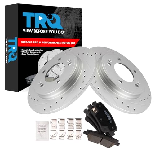 Image of TRQ Performance Rear Brake Pad and Rotor Set Ceramic Coated Drilled Slotted Compatible with 2021-2023 Hyundai Elantra