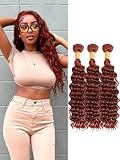 AUROO Reddish Brown Deep Wave 3 Bundles Human Hair 16 18 20 IN, 12A Brazilian Virgin Auburn Copper Red Colored Weave Bundles Human Hair Thick Track Remy #33b Reddish Brown Curly Bundles Sew in weave