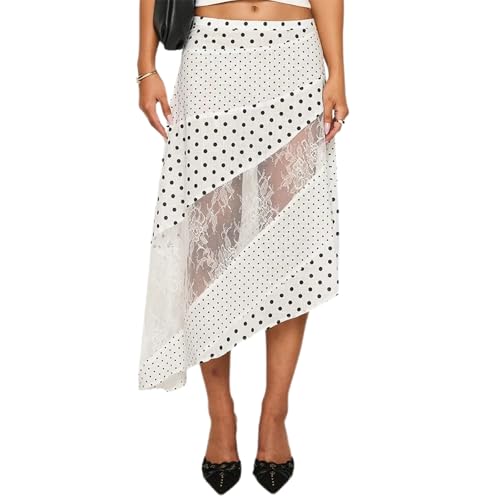 Women Y2K Midi Skirt Lace Patchwork Irregular Hem Long Skirt Summer Spring Floral Polka Dot Print Going Out Skirts
