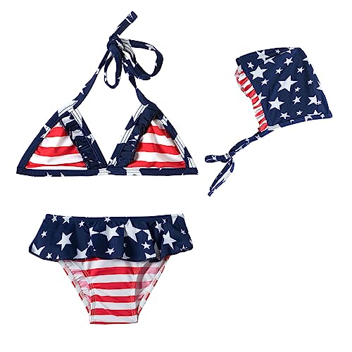 Mud Kingdom American Flag Independence Day Size 9-10 Swimsuits for Girls Beach 3 Piece Bikini with Hat Summer Holiday Navy Blue 4th of July