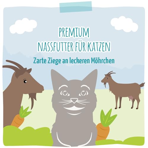 MjAMjAM - Premium Nassfutter für Katzen - zarte Ziege an leckeren Möhrchen, 6er Pack (6 x 200 g), getreidefrei mit extra viel Fleisch