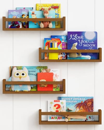 Image of Forbena Walnut Brown Nursery Bookshelf Wall Mounted, Wooden Floating Book Shelves for Wall, Nursery Hanging Bookshelves for Baby Toddlers Kids Room Bedroom (Pine Wood, Walnut Color, 4-Pack)