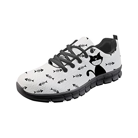 Women's Trainers with Motif Lace-Up Trainers Cat Fish Sports Shoes Running Shoes Leisure Shoes Lightweight Breathable Fitness Gym Shoes Road Running Shoes White Size: 7 UK Cover