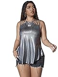 MakeMeChic Women's Plus Size Holographic Tank Top Sleeveless Cut Out Metallic Glitter Top Silver 1XL